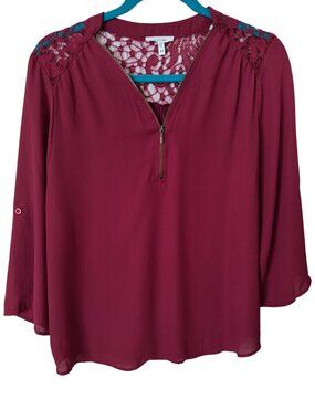 Maurices Women's Cabernet Quarter Zip Blouse with Lace Detail Size Medium